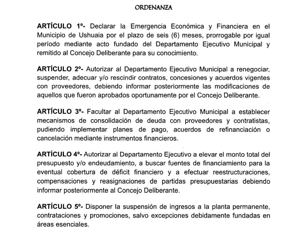 Ushuaia: Vuoto envía al Concejo un proyecto para declarar la emergencia económica