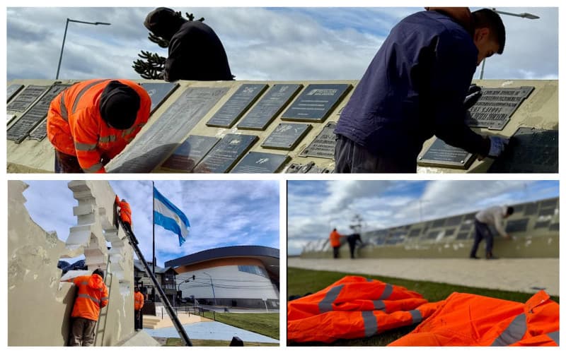 Trabajos de restauración en la Plaza Malvinas de Ushuaia