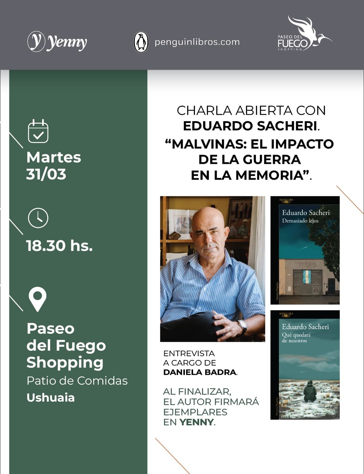 Eduardo Sacheri llega a Paseo del Fuego para una charla abierta y firma de ejemplares